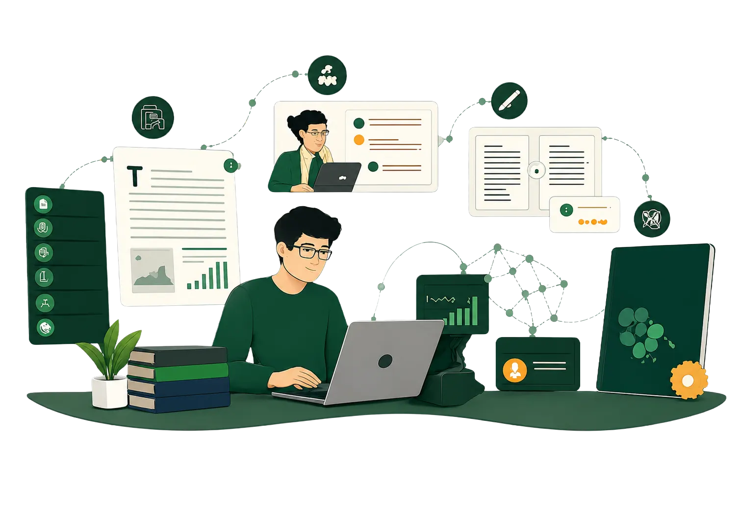 Researcher working with academic journals and papers